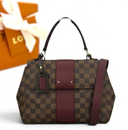 Damier Ebene Canvas Burgundy Leather Strap Flap Handbag
