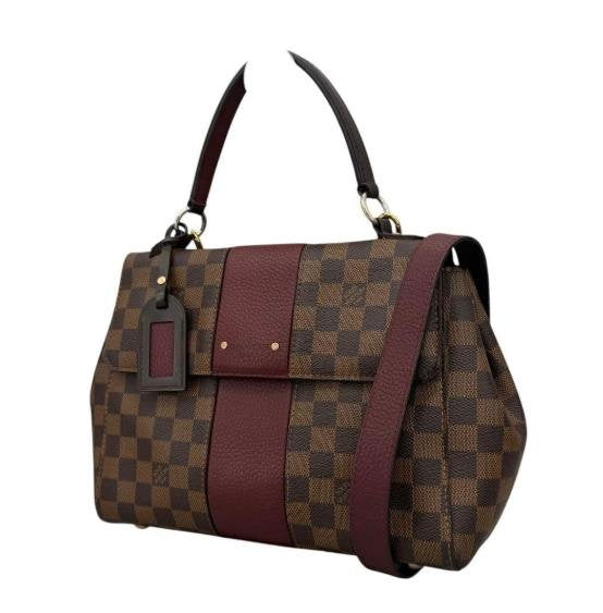 Damier Ebene Canvas Burgundy Leather Strap Flap Handbag