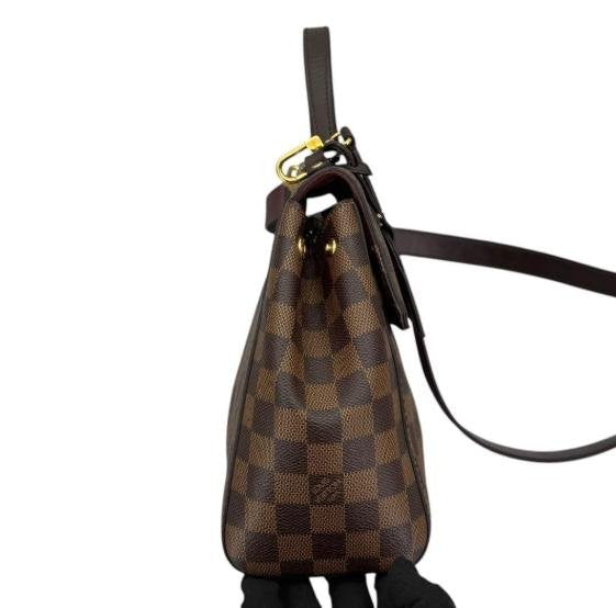 Damier Ebene Canvas Burgundy Leather Strap Flap Handbag