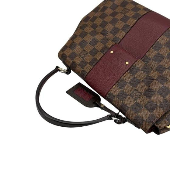 Damier Ebene Canvas Burgundy Leather Strap Flap Handbag