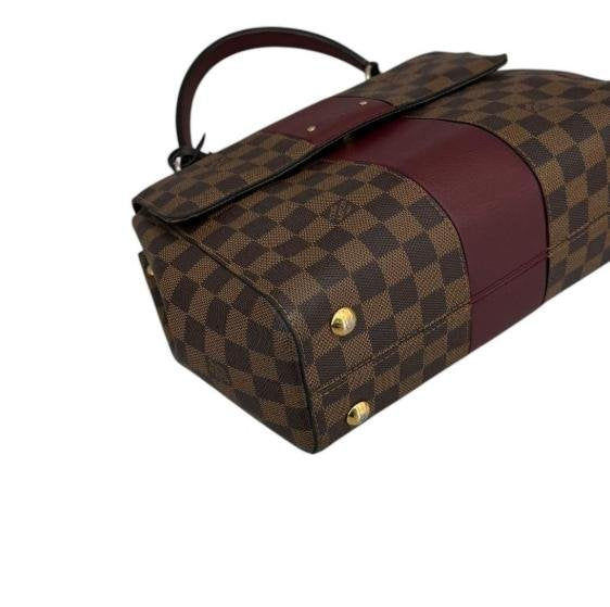 Damier Ebene Canvas Burgundy Leather Strap Flap Handbag