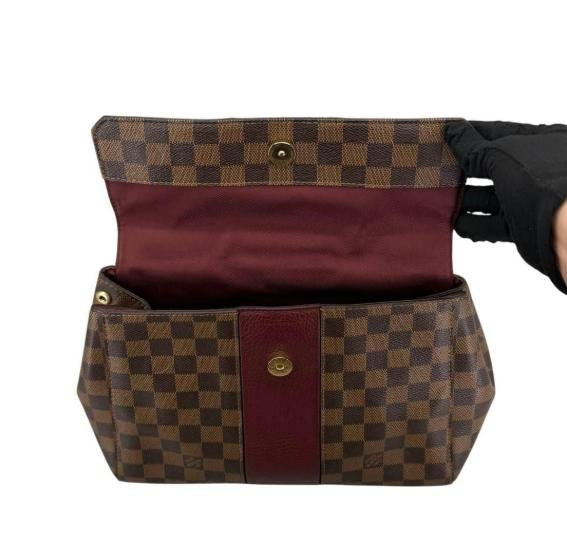 Damier Ebene Canvas Burgundy Leather Strap Flap Handbag