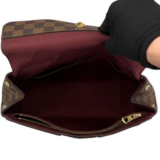 Damier Ebene Canvas Burgundy Leather Strap Flap Handbag