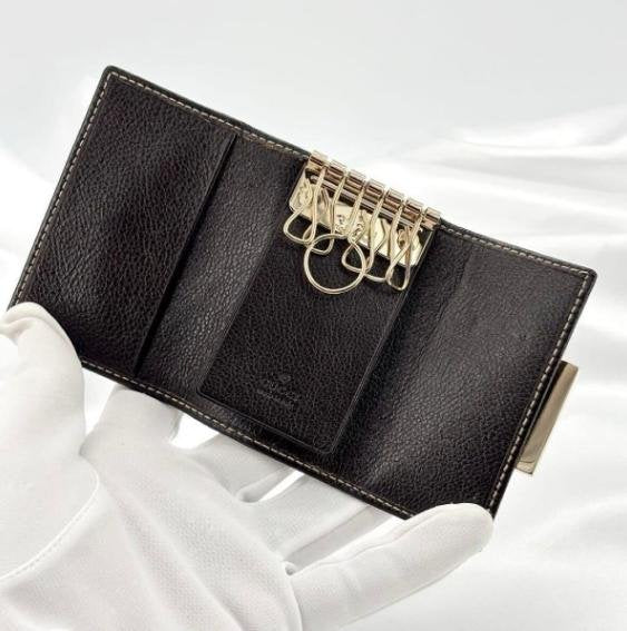 Pre-owned GUCCI Canvas Small Leather Goods Classic GG Dark Leather Snap Closure Key Case Coin Purse