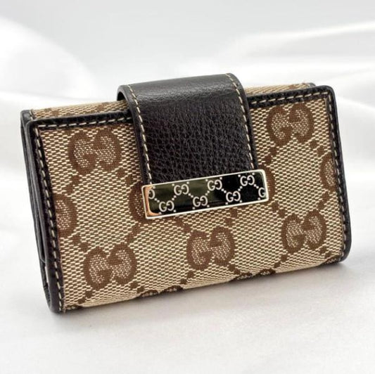 Pre-owned GUCCI Canvas Small Leather Goods Classic GG Dark Leather Snap Closure Key Case Coin Purse