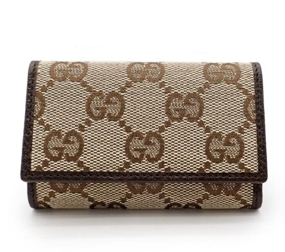 Pre-owned GUCCI Canvas Small Leather Goods GG Supreme Dark Brown Leather Trim Flap Short Card Holder