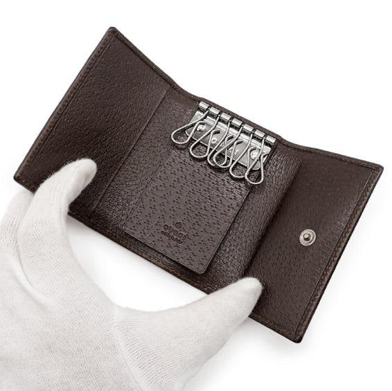 Pre-owned GUCCI Canvas Small Leather Goods GG Supreme Dark Brown Leather Trim Flap Short Card Holder