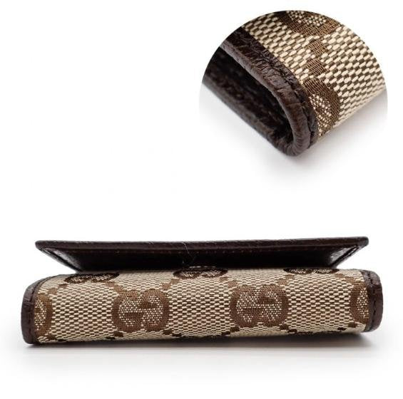Pre-owned GUCCI Canvas Small Leather Goods GG Supreme Dark Brown Leather Trim Flap Short Card Holder