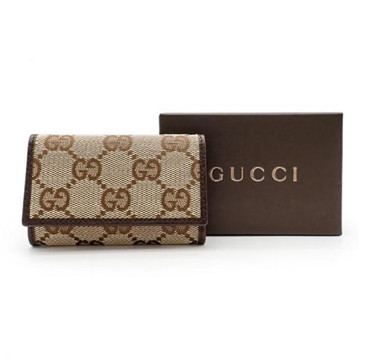 Pre-owned GUCCI Canvas Small Leather Goods GG Supreme Dark Brown Leather Trim Flap Short Card Holder