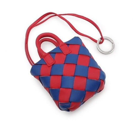 Pre-owned BOTTEGA VENETA Lambskin Mini Bags Red & Blue Intrecciato Woven Mini Earphone Pouch