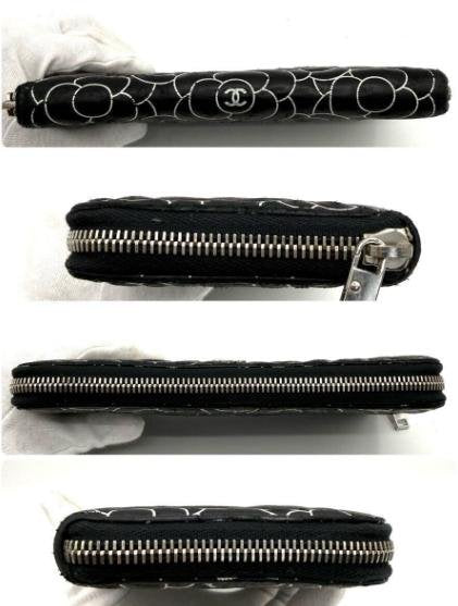 Pre-owned CHANEL Coated Canvas Small Leather Goods Black Camellia Embossed Zip Around Long Clutch Wallet