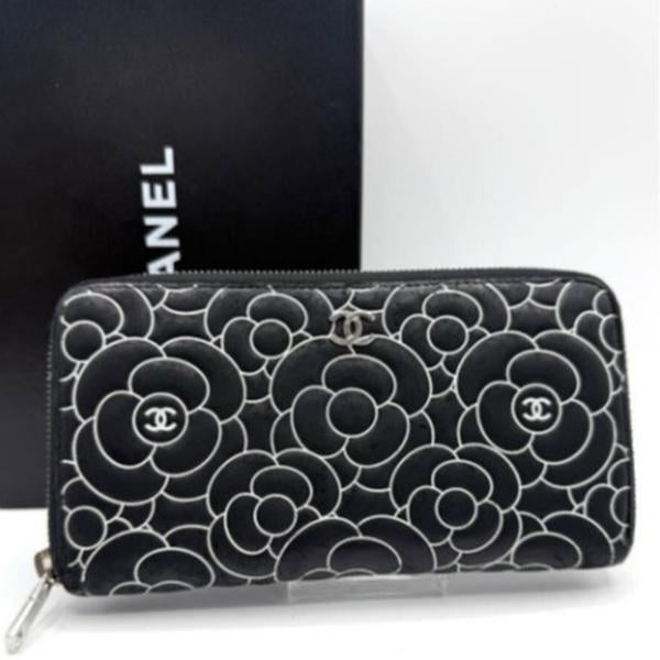Pre-owned CHANEL Coated Canvas Small Leather Goods Black Camellia Embossed Zip Around Long Clutch Wallet