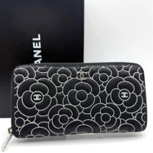 Pre-owned CHANEL Coated Canvas Small Leather Goods Black Camellia Embossed Zip Around Long Clutch Wallet