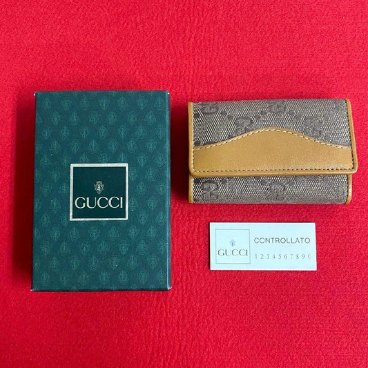 Pre-owned GUCCI Canvas Small Leather Goods Vintage Monogram Caramel Leather Flap Short Card Holder