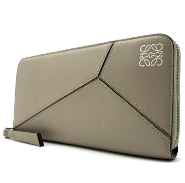 Pre-owned Loewe Calfskin Small Leather Goods Sand Grey Geometric Stitch Anagram Zip around Long Wallet