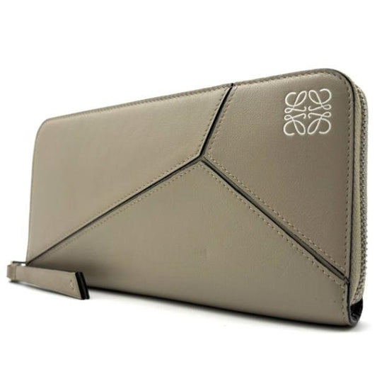 Pre-owned Loewe Calfskin Small Leather Goods Sand Grey Geometric Stitch Anagram Zip around Long Wallet