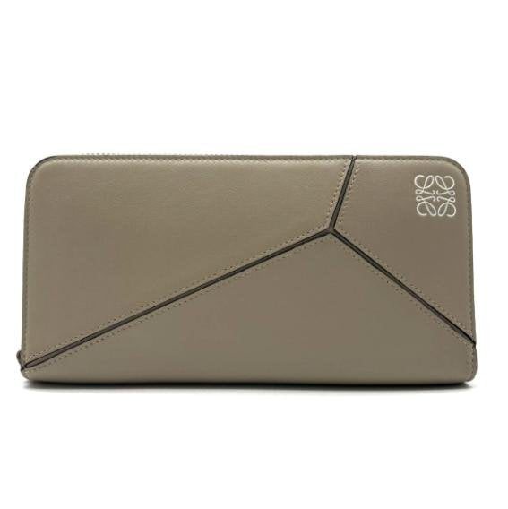Pre-owned Loewe Calfskin Small Leather Goods Sand Grey Geometric Stitch Anagram Zip around Long Wallet