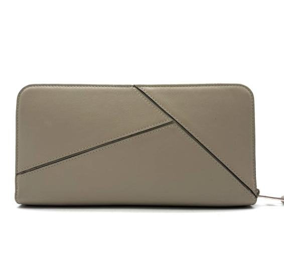 Pre-owned Loewe Calfskin Small Leather Goods Sand Grey Geometric Stitch Anagram Zip around Long Wallet