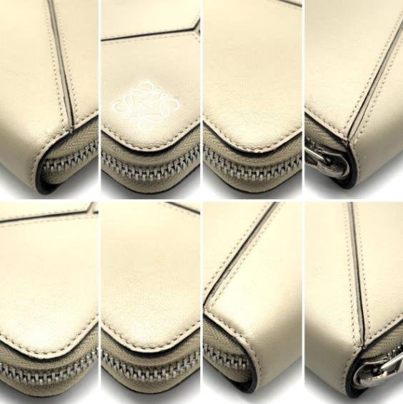 Pre-owned Loewe Calfskin Small Leather Goods Sand Grey Geometric Stitch Anagram Zip around Long Wallet