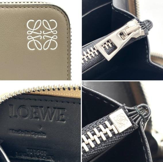 Pre-owned Loewe Calfskin Small Leather Goods Sand Grey Geometric Stitch Anagram Zip around Long Wallet