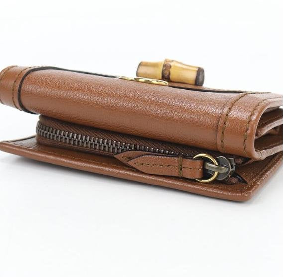 Pre-owned GUCCI Calfskin Small Leather Goods Caramel Smooth Leather Interlocking GG Bamboo Short Flap Wallet