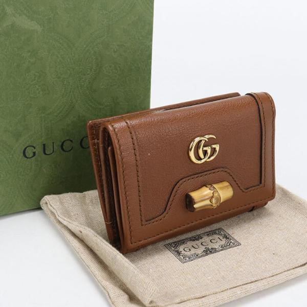 Pre-owned GUCCI Calfskin Small Leather Goods Caramel Smooth Leather Interlocking GG Bamboo Short Flap Wallet