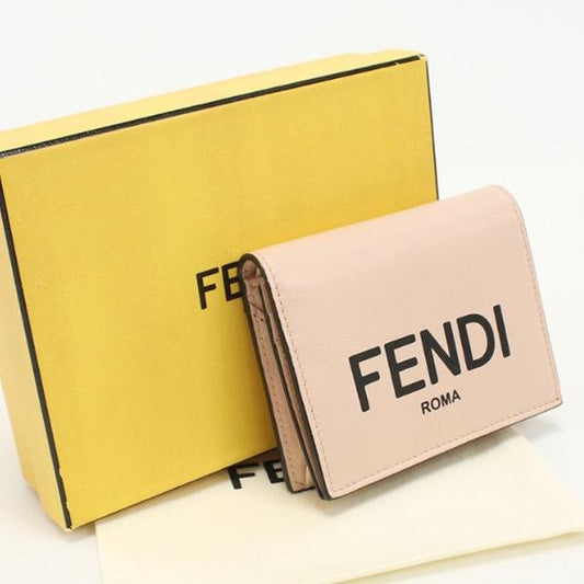 Fendi Nude Smooth Leather Logo Print Bi Fold Short Wallet