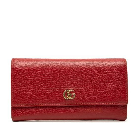 Pre-owned GUCCI Calfskin Small Leather Goods Red Grain Leather Interlocking GG Long Flap Wallet