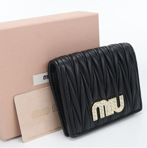 Black Matelassé Crystal Logo Bi Fold Short Wallet