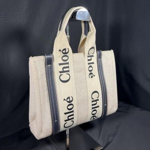 Pre-owned Chloé Fabric Mini Bags Off White Linen Logo Strap Mini Handheld Tote Bag