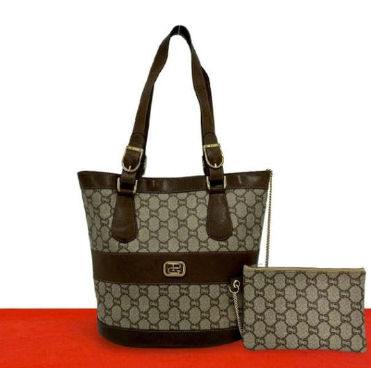 Vintage GG Supreme & Dark Brown Leather Bucket Tote with Pouch