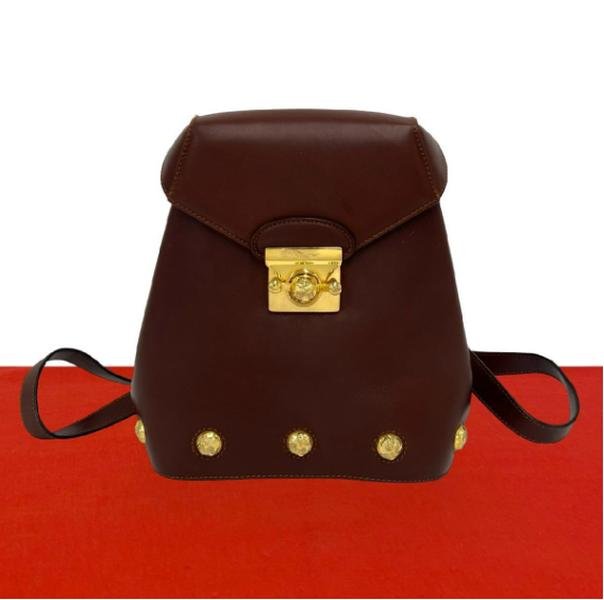 Salvatore Ferragamo Vintage Dark Brown Smooth Cowhide Leather Gold Floral Stud Flap Backpack