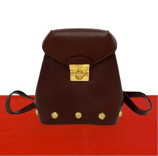 Salvatore Ferragamo Vintage Dark Brown Smooth Cowhide Leather Gold Floral Stud Flap Backpack