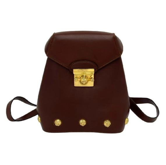 Salvatore Ferragamo Vintage Dark Brown Smooth Cowhide Leather Gold Floral Stud Flap Backpack