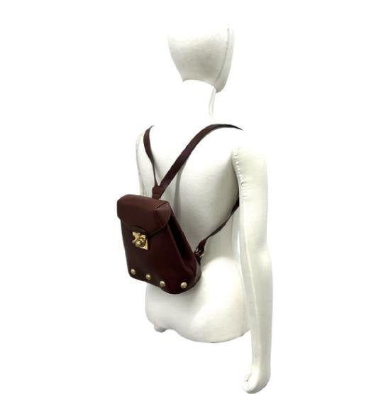 Salvatore Ferragamo Vintage Dark Brown Smooth Cowhide Leather Gold Floral Stud Flap Backpack