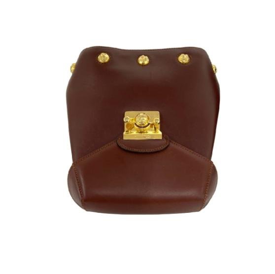 Salvatore Ferragamo Vintage Dark Brown Smooth Cowhide Leather Gold Floral Stud Flap Backpack