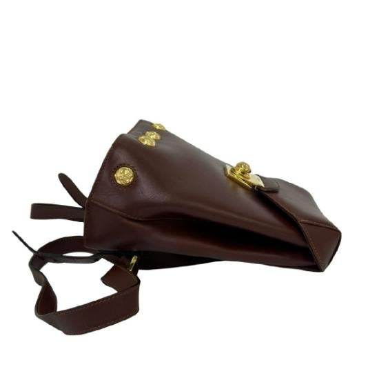 Salvatore Ferragamo Vintage Dark Brown Smooth Cowhide Leather Gold Floral Stud Flap Backpack