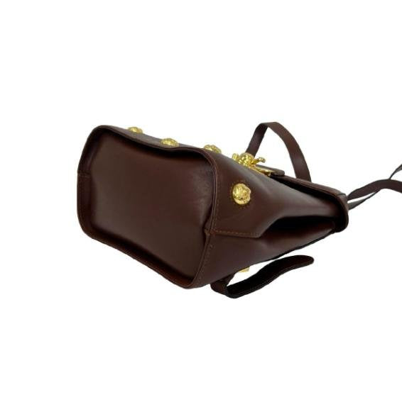 Salvatore Ferragamo Vintage Dark Brown Smooth Cowhide Leather Gold Floral Stud Flap Backpack