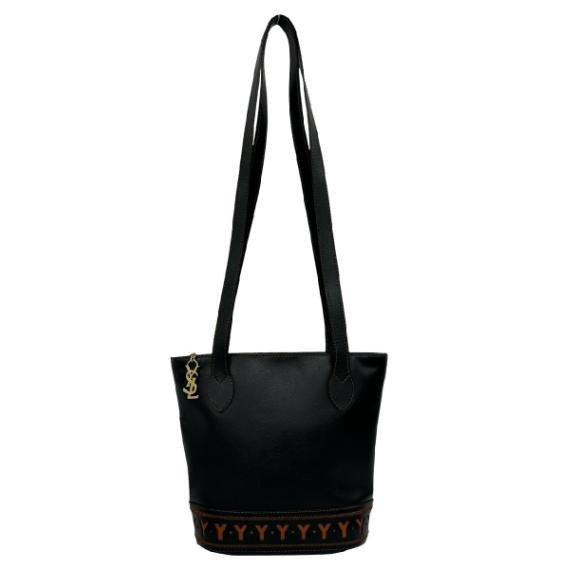 Yves Saint Laurent Vintage Black Smooth Cowhide Leather Bottom Logo Pattern Bucket Tote Shoulder Bag