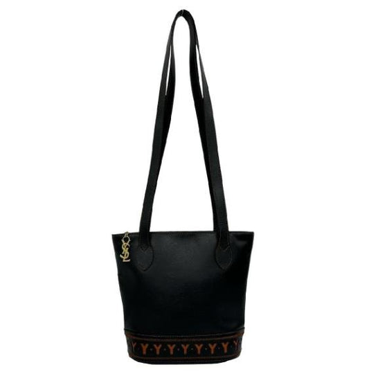 Yves Saint Laurent Vintage Black Smooth Cowhide Leather Bottom Logo Pattern Bucket Tote Shoulder Bag