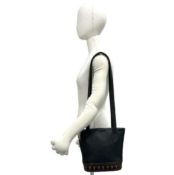 Yves Saint Laurent Vintage Black Smooth Cowhide Leather Bottom Logo Pattern Bucket Tote Shoulder Bag