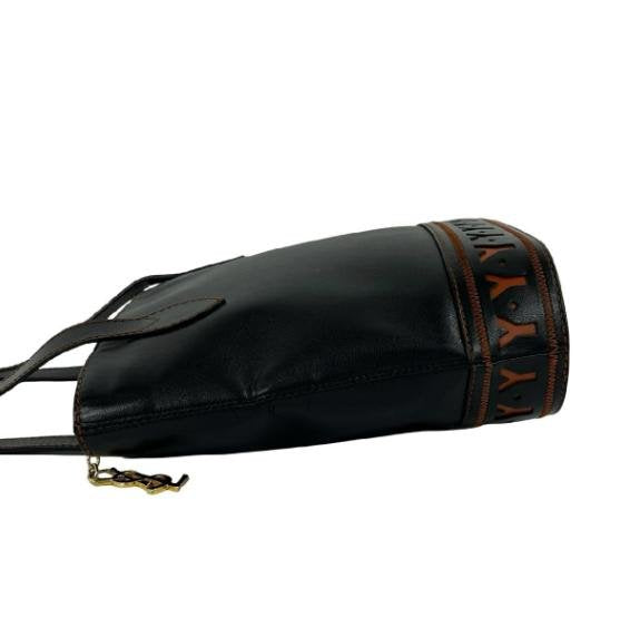 Yves Saint Laurent Vintage Black Smooth Cowhide Leather Bottom Logo Pattern Bucket Tote Shoulder Bag