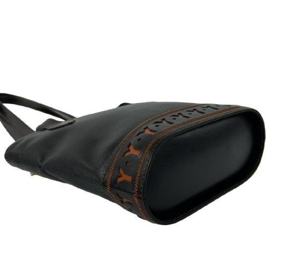 Yves Saint Laurent Vintage Black Smooth Cowhide Leather Bottom Logo Pattern Bucket Tote Shoulder Bag