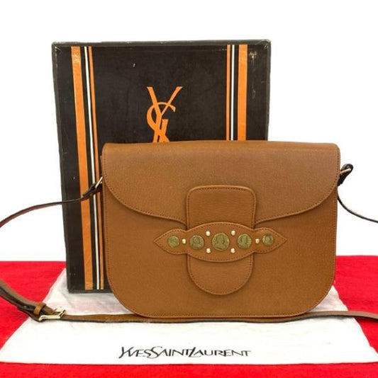 Yves Saint Laurent Tan Grain Leather Vintage Coin‑Stud Flap Crossbody Bag