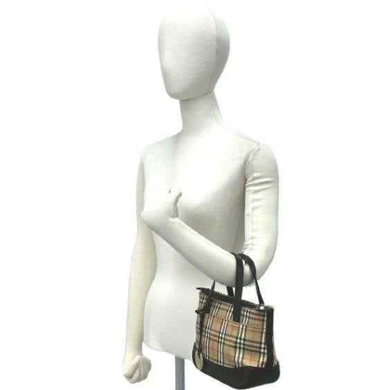 Burberry Classic Check Canvas Leather Trim Small Hand Tote Bag