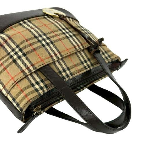 Burberry Classic Check Canvas Leather Trim Small Hand Tote Bag