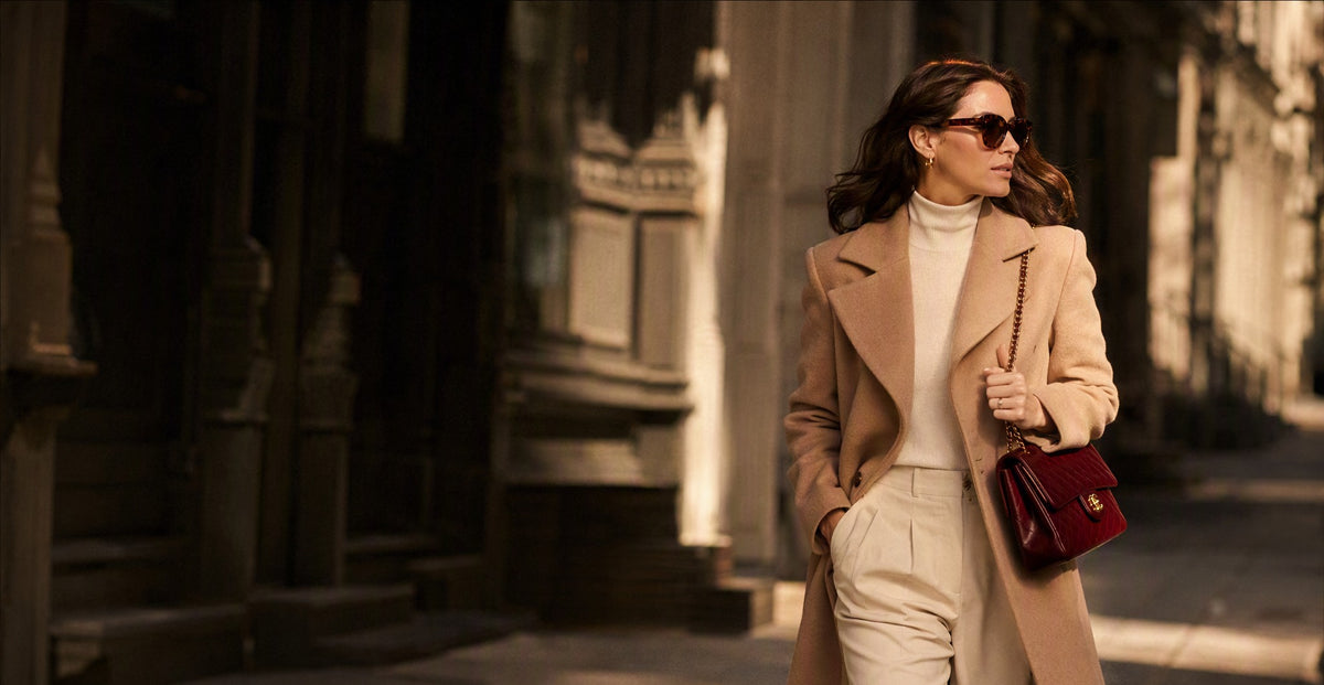 Editorial street style: camel coat and burgundy quilted bag